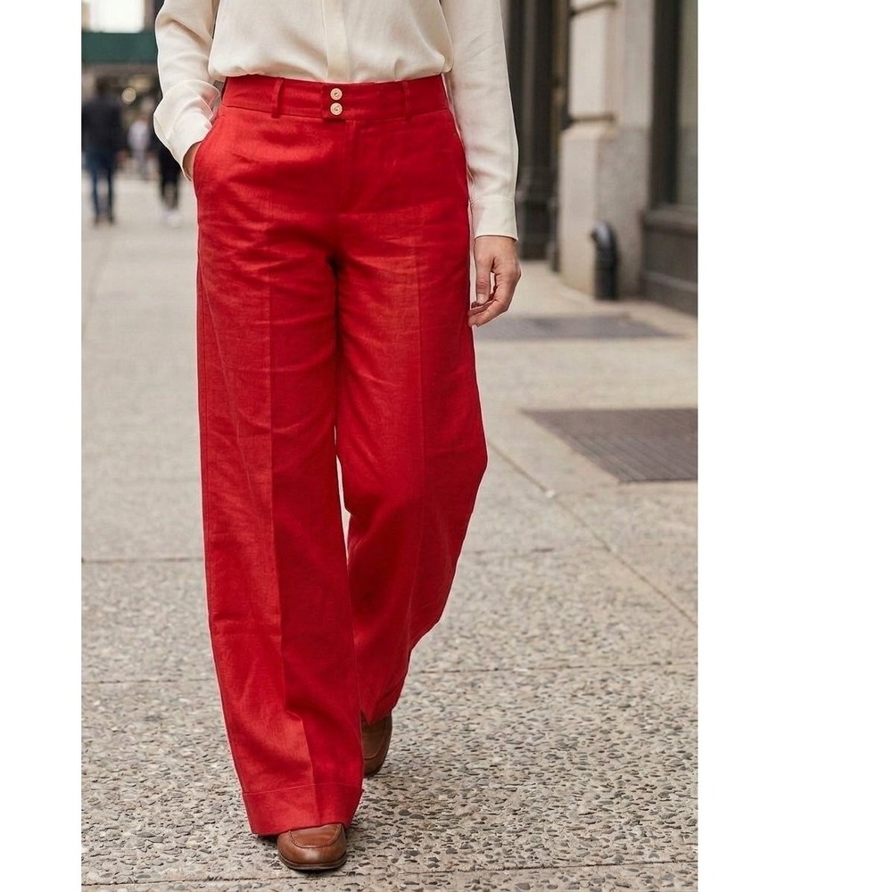 LRL Ralph Lauren Pants Women 12 (35x32) Red Linen Wide Leg High Rise Trousers